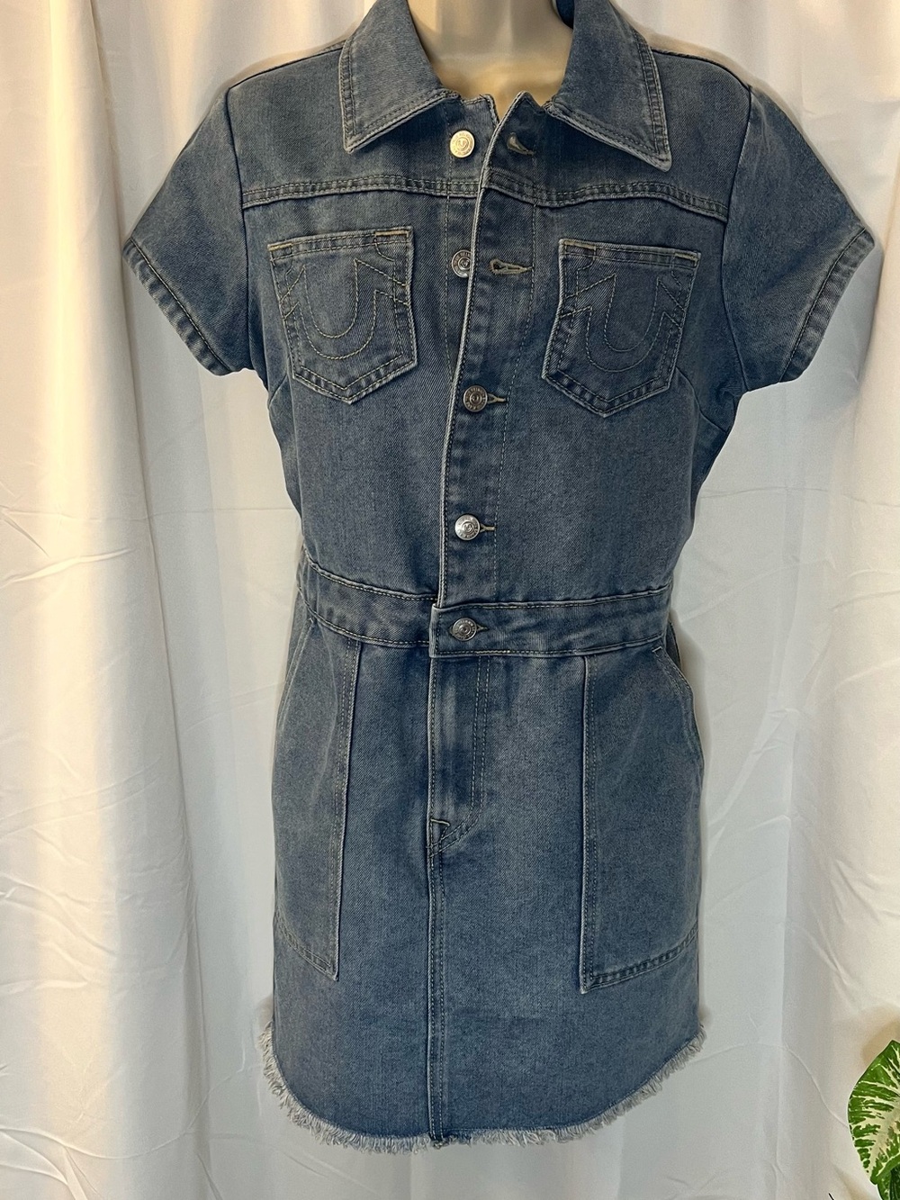True Religion Medium Blue Denim Button-Front Mini Dress - Picture 3 of 16